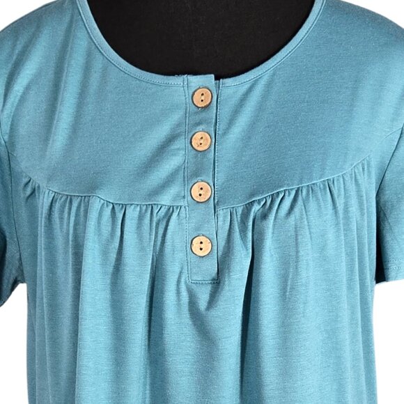 NWT | Blue Henley Short Sleeve Button Front Flowy Pleated Blouse Top | Medium - Picture 3 of 5